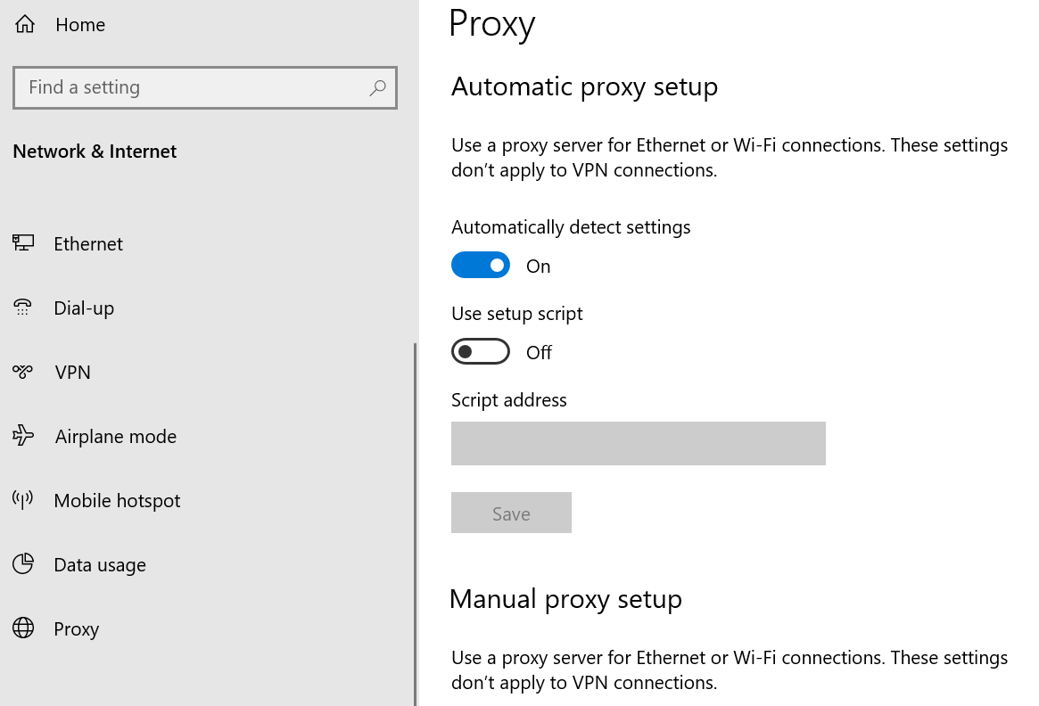 proxyserver-instellingen in Windows 10